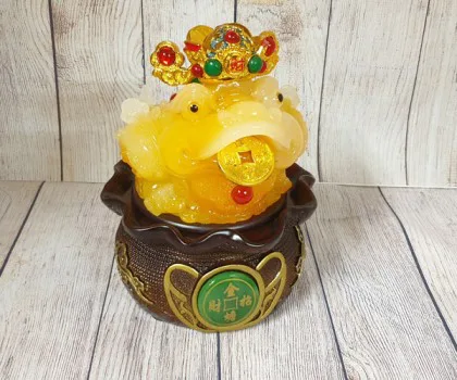 Thiềm thừ ngọc vàng cam thần tài trên đế gỗ xoay túi tiền trung - Chiêu Tài Kim Thiềm. FLN096