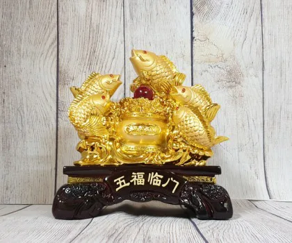 Ngũ tiên cá chép vàng bóng bên bồn kim bảo hồng châu trên sóng vàng - Ngũ Phước Lâm Môn LN171