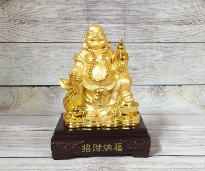 Phật di lạc vàng bóng tay cầm hồ lô vàng túi tiền vàng trên đống vàng - Chiêu Tài Nạp Phước LN189