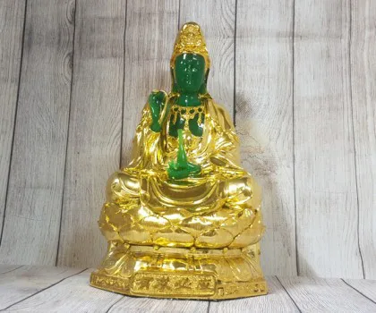 Phật quan âm xanh ngọc hoàng phục vàng bóng trên đài sen vàng lớn FLN194