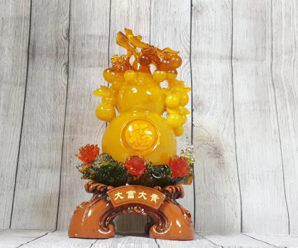 Hồ lô cam vàng ngọc lưu ly đứng chùm vải trên đế mẫu đơn lưu ly đa sắc -  Đại Phú Đại Quý LN198