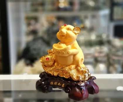 Chuột vàng ôm đỉnh vàng trên gậy như ý - Chiêu tài như ý TM016