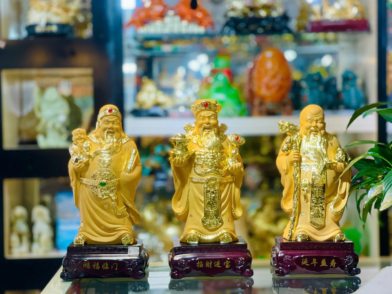 Bộ tam đa vàng sa kim đế đen - hồng phước lâm môn, chiêu tài tấn bảo, nghinh niên ích thọ K172M